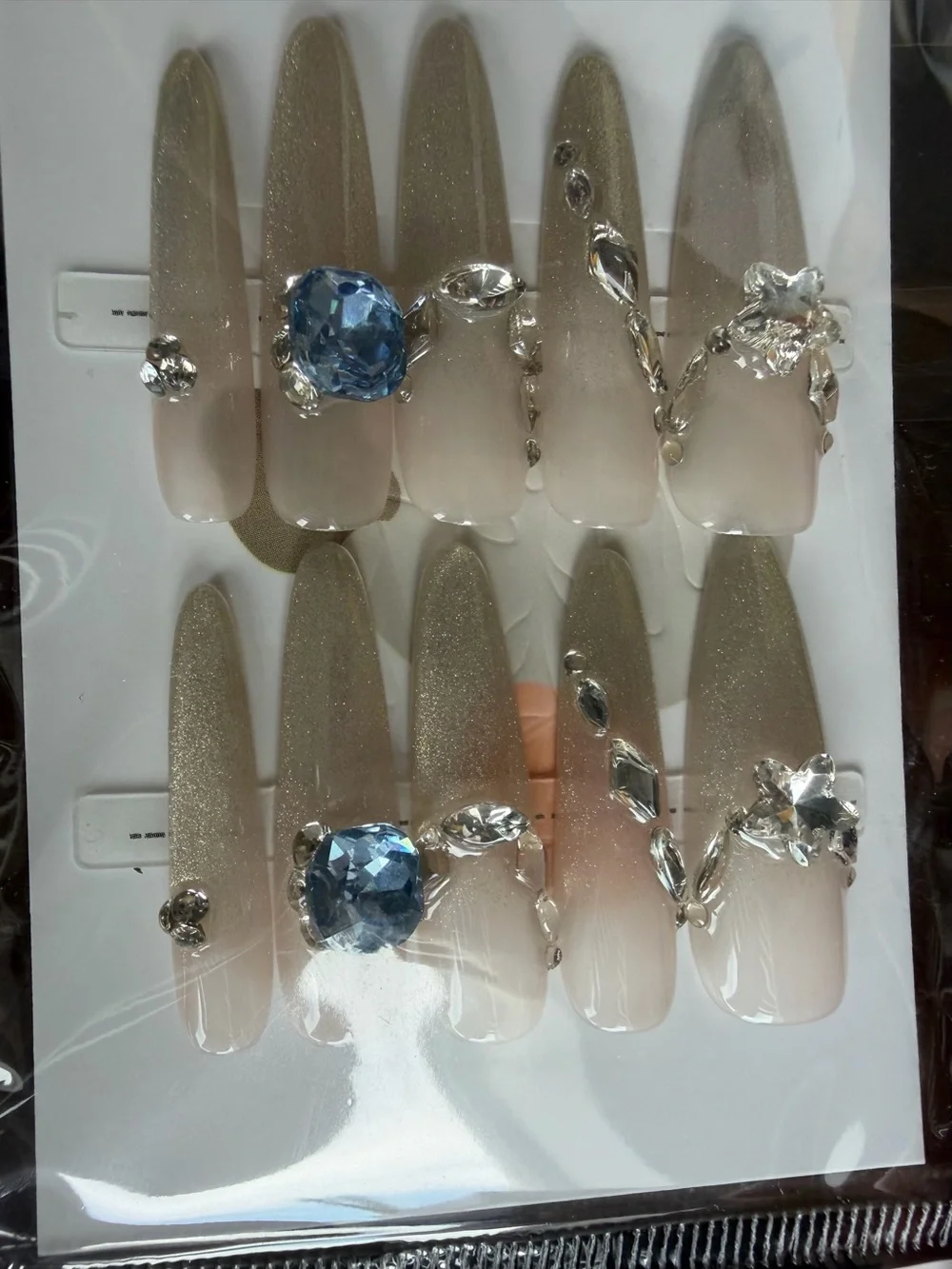 Neutral Ombre Press-On Nails with Blue Gem Accents - Women Makeup